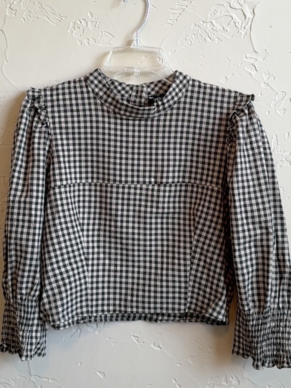Zara Black & White Gingham Puff-Sleeve Long Sleeve Top